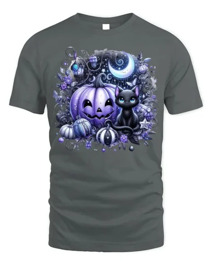 Halloween Purple Pumpkin Black Cat Moon Graphic T-Shirt - gray t-shirt on white background