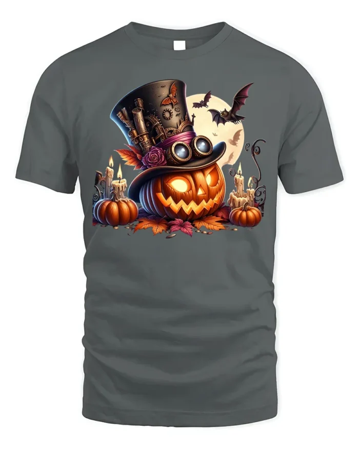 Halloween Steampunk Pumpkin Top Hat Graphic T-Shirt - gray t-shirt on white background