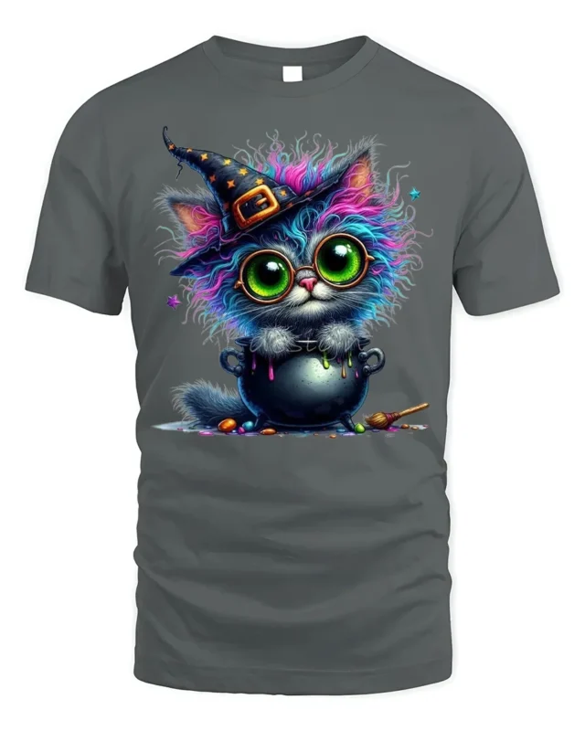 Halloween Colorful Witch Cat Cauldron Magic T-Shirt - gray t-shirt on white background