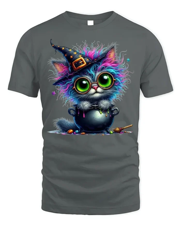 Halloween Colorful Witch Cat Cauldron Magic T-Shirt - gray t-shirt on white background