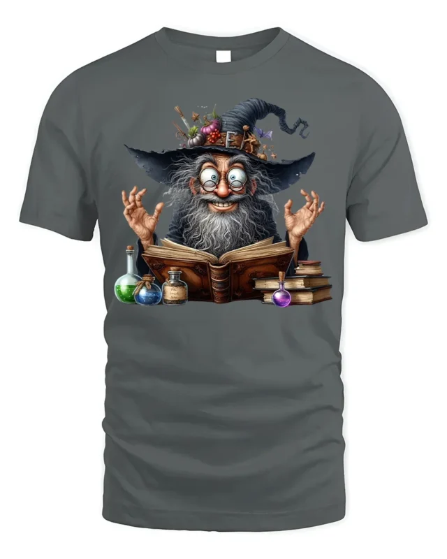 Halloween Wizard Magic Potion Spell Book T-Shirt - gray t-shirt on white background