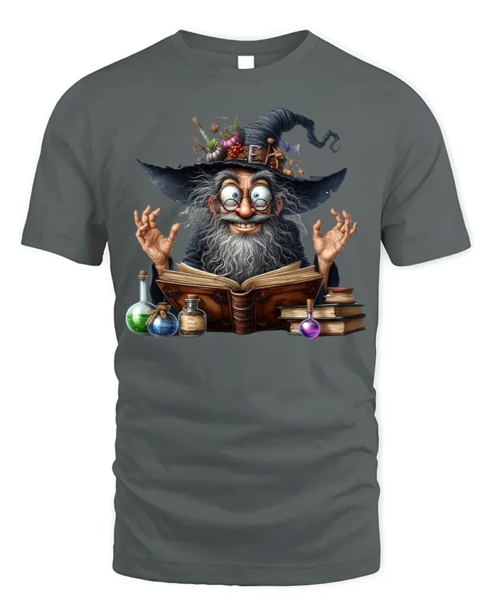 Halloween Wizard Magic Potion Spell Book T-Shirt - gray t-shirt on white background