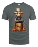 Halloween Scarecrow Pumpkin Haystack Graphic T-Shirt - gray t-shirt on white background