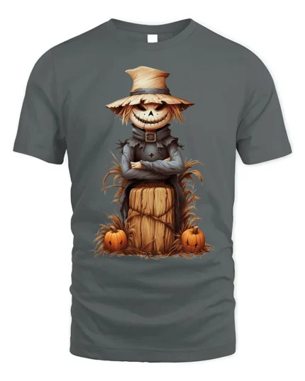 Halloween Scarecrow Pumpkin Haystack Graphic T-Shirt - gray t-shirt on white background