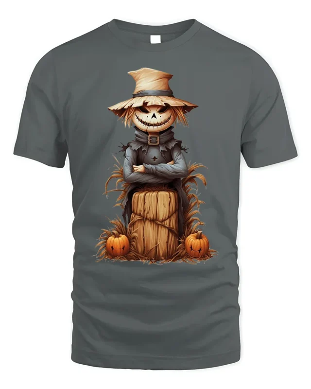 Halloween Scarecrow Pumpkin Haystack Graphic T-Shirt - gray t-shirt on white background