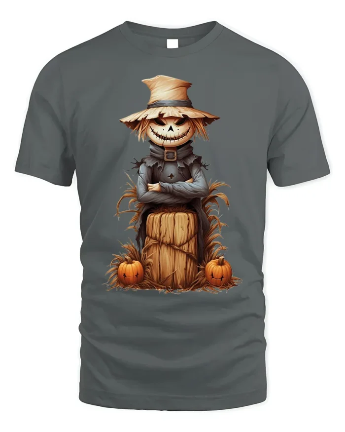 Halloween Scarecrow Pumpkin Haystack Graphic T-Shirt - gray t-shirt on white background