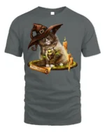 Halloween Witch Cat Candle Magic Graphic T-Shirt - gray t-shirt on white background