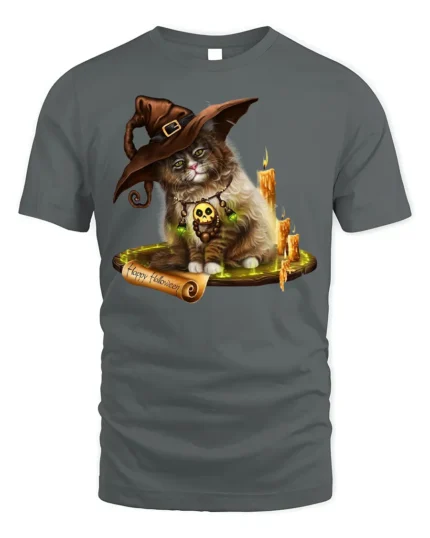 Halloween Witch Cat Candle Magic Graphic T-Shirt - gray t-shirt on white background