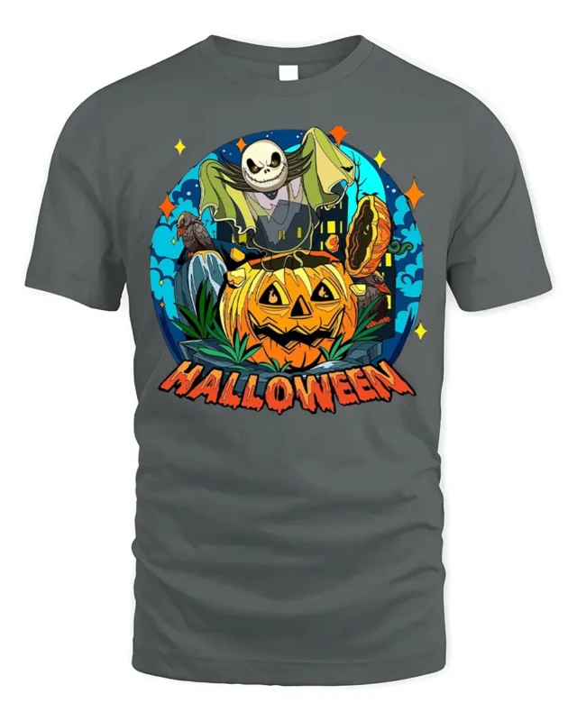 Halloween Pumpkin Head Skeleton Spooky Graphic T-Shirt - gray t-shirt on white background