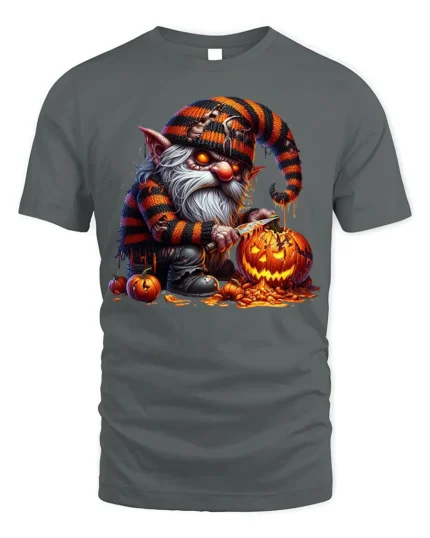 Halloween Gnome Pumpkin Carving Scary Graphic T-Shirt - gray t-shirt on white background