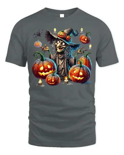 Halloween Witch Pumpkin Lantern Scary Graphic T-Shirt - gray t-shirt on white background