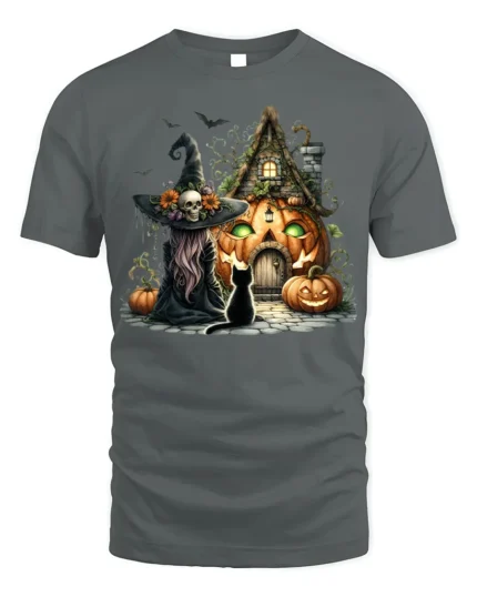 Halloween Witch Pumpkin House Black Cat Graphic T-Shirt - gray t-shirt on white background