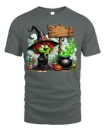 Halloween Green Witch Cauldron Potion Graphic T-Shirt - gray t-shirt on white background