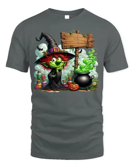 Halloween Green Witch Cauldron Potion Graphic T-Shirt - gray t-shirt on white background