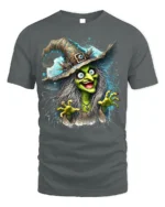 Halloween Scary Green Witch Creepy Graphic T-Shirt - gray t-shirt on white background