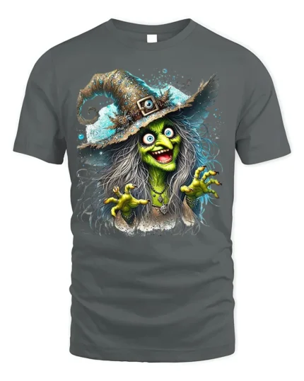 Halloween Scary Green Witch Creepy Graphic T-Shirt - gray t-shirt on white background