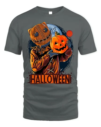 Halloween Pumpkin Head Sack Mask Horror T-Shirt - gray t-shirt on white background