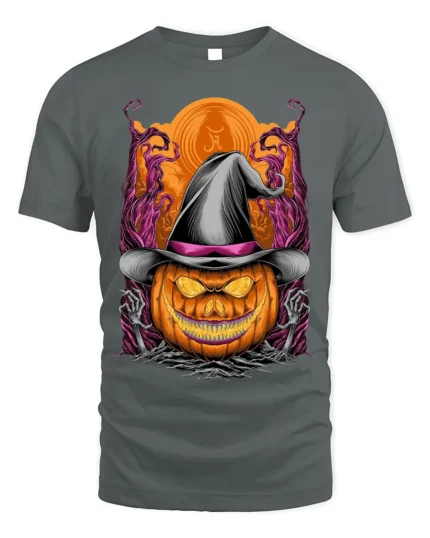 Halloween Pumpkin Witch Hat Creepy Graphic T-Shirt - gray t-shirt on white background