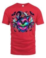 Cute Neon Bat Halloween Witch Hat Graphic T-Shirt - red t-shirt on white background