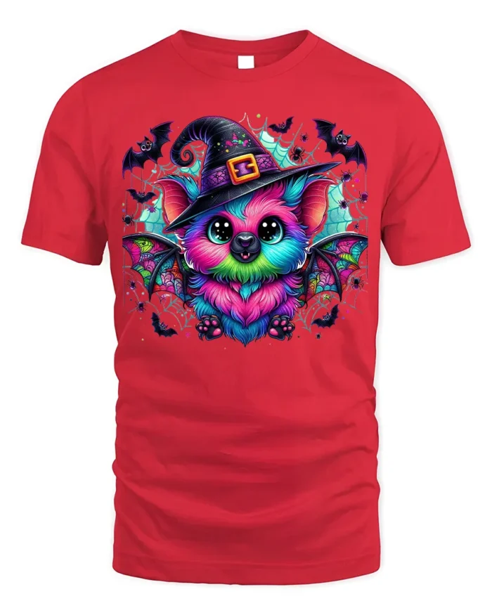 Cute Neon Bat Halloween Witch Hat Graphic T-Shirt - red t-shirt on white background