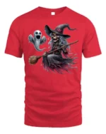 Halloween Skeleton Witch Ghost Flying Graphic T-Shirt - red t-shirt on white background