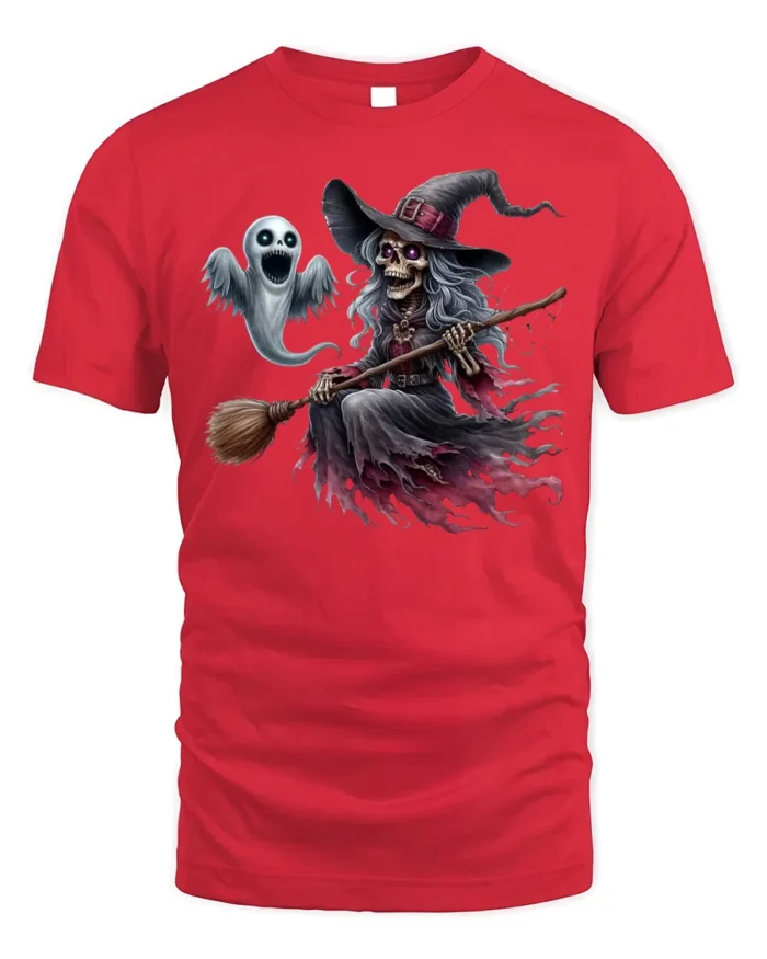 Halloween Skeleton Witch Ghost Flying Graphic T-Shirt - red t-shirt on white background