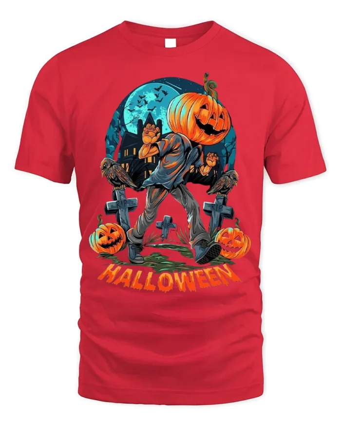 Halloween Pumpkin Head Graveyard Scary Graphic T-Shirt - red t-shirt on white background