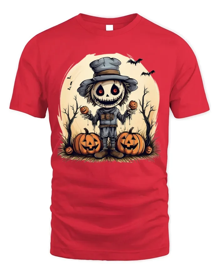 Halloween Scarecrow Pumpkin Creepy Spooky Graphic T-Shirt - red t-shirt on white background