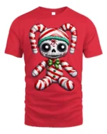 Candy Cane Skeleton Doll Creepy Holiday Graphic T-Shirt - red t-shirt on white background