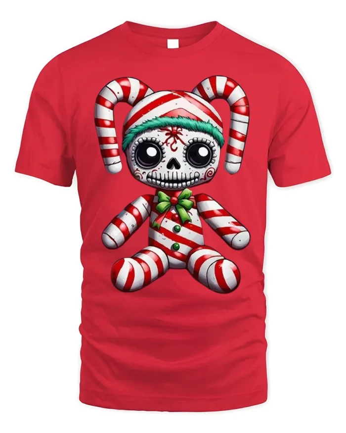Candy Cane Skeleton Doll Creepy Holiday Graphic T-Shirt - red t-shirt on white background