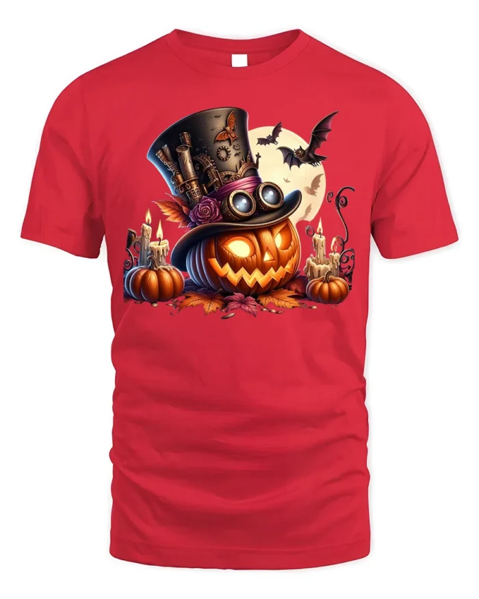 Halloween Steampunk Pumpkin Top Hat Graphic T-Shirt - red t-shirt on white background