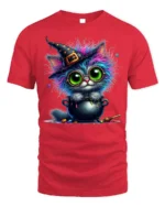Halloween Colorful Witch Cat Cauldron Magic T-Shirt - red t-shirt on white background
