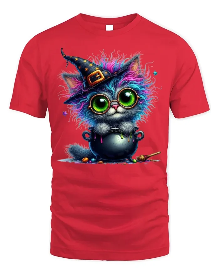 Halloween Colorful Witch Cat Cauldron Magic T-Shirt - red t-shirt on white background