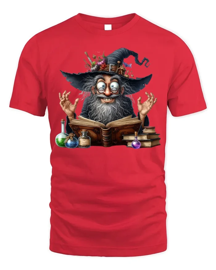 Halloween Wizard Magic Potion Spell Book T-Shirt - red t-shirt on white background