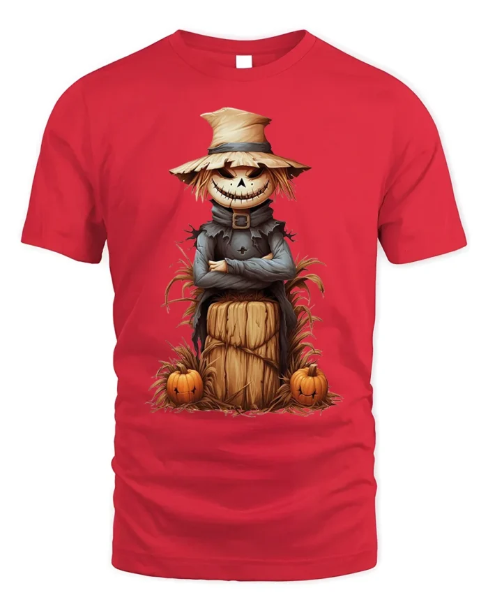 Halloween Scarecrow Pumpkin Haystack Graphic T-Shirt - red t-shirt on white background
