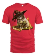 Halloween Witch Cat Candle Magic Graphic T-Shirt - red t-shirt on white background