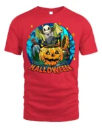 Halloween Pumpkin Head Skeleton Spooky Graphic T-Shirt - red t-shirt on white background