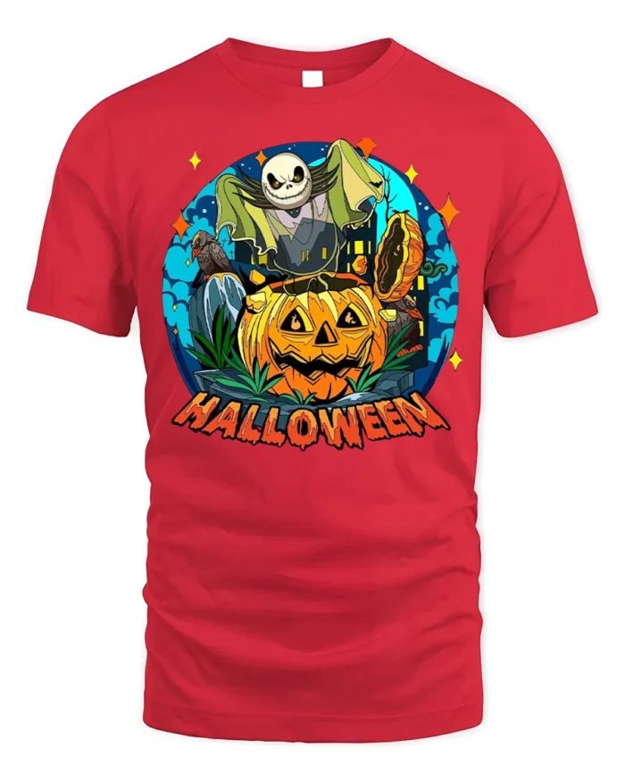Halloween Pumpkin Head Skeleton Spooky Graphic T-Shirt - red t-shirt on white background