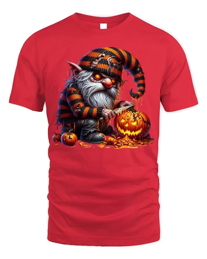 Halloween Gnome Pumpkin Carving Scary Graphic T-Shirt - red t-shirt on white background