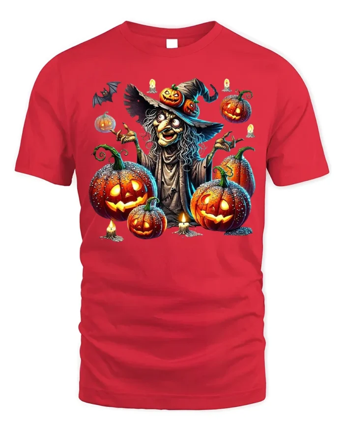 Halloween Witch Pumpkin Lantern Scary Graphic T-Shirt - red t-shirt on white background