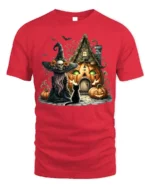 Halloween Witch Pumpkin House Black Cat Graphic T-Shirt - red t-shirt on white background
