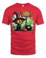 Halloween Green Witch Cauldron Potion Graphic T-Shirt - red t-shirt on white background