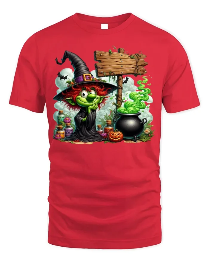 Halloween Green Witch Cauldron Potion Graphic T-Shirt - red t-shirt on white background