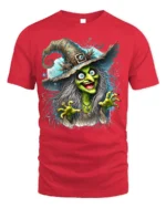 Halloween Scary Green Witch Creepy Graphic T-Shirt - red t-shirt on white background