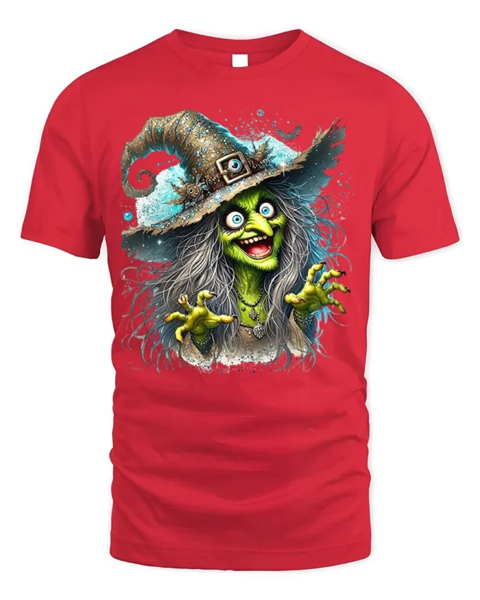 Halloween Scary Green Witch Creepy Graphic T-Shirt - red t-shirt on white background