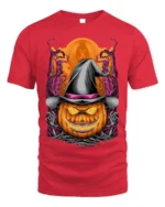 Halloween Pumpkin Witch Hat Creepy Graphic T-Shirt - red t-shirt on white background