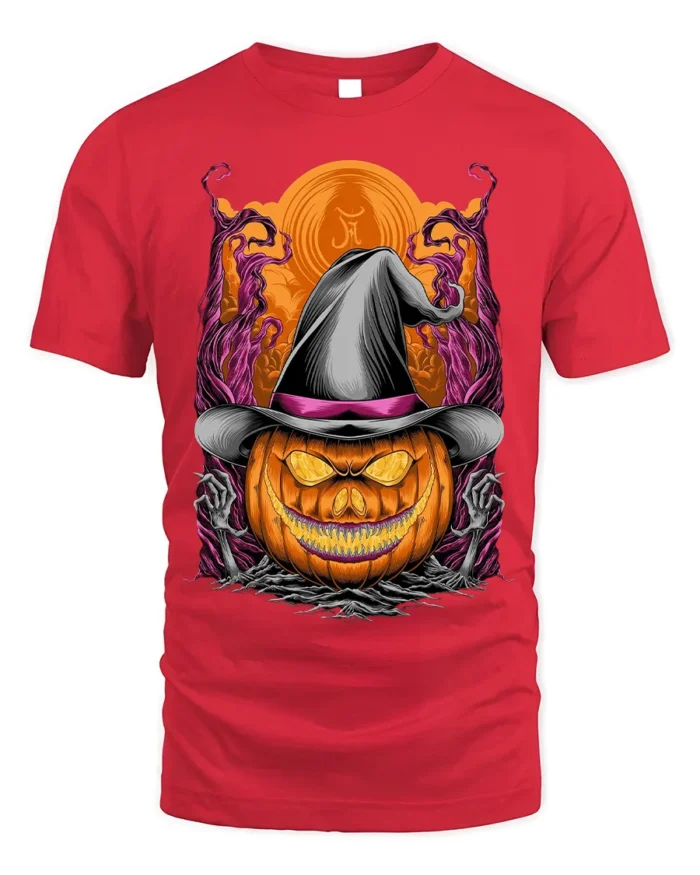 Halloween Pumpkin Witch Hat Creepy Graphic T-Shirt - red t-shirt on white background