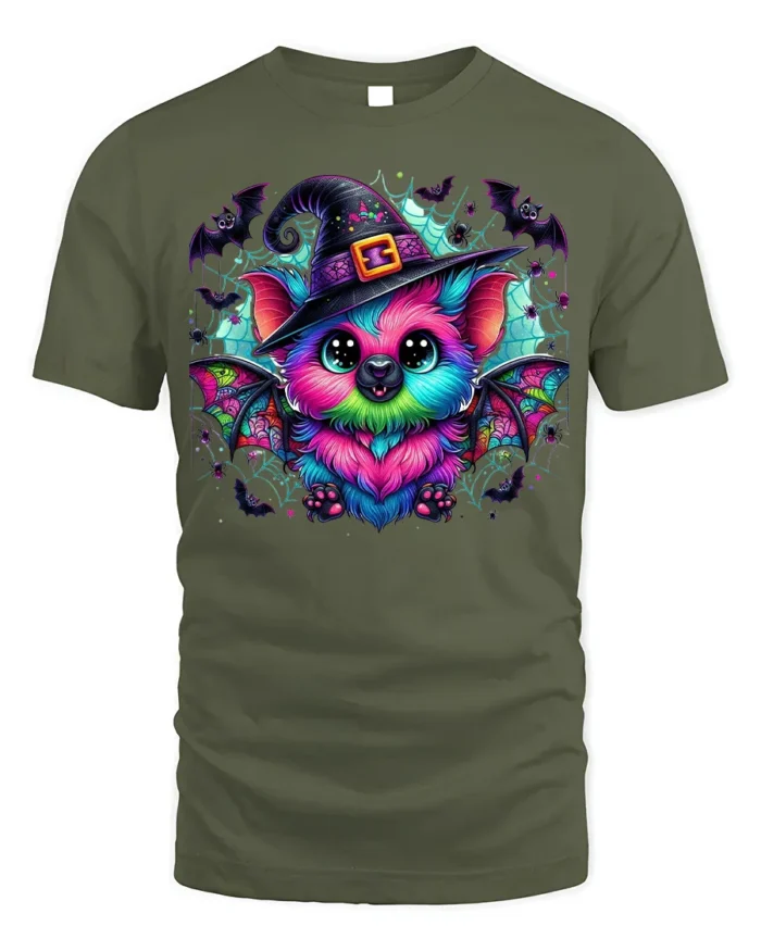 Cute Neon Bat Halloween Witch Hat Graphic T-Shirt - military green t-shirt on white background