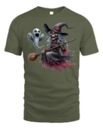 Halloween Skeleton Witch Ghost Flying Graphic T-Shirt - military green t-shirt on white background