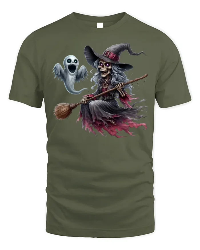 Halloween Skeleton Witch Ghost Flying Graphic T-Shirt - military green t-shirt on white background